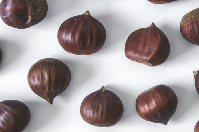 2 brown round fruit on white textile